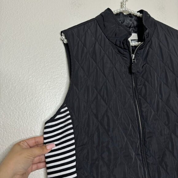 Talbots Black White Quilted Puffer Side Stripe Zip Up Front Outerwear Vest Large - Picture 3 of 8